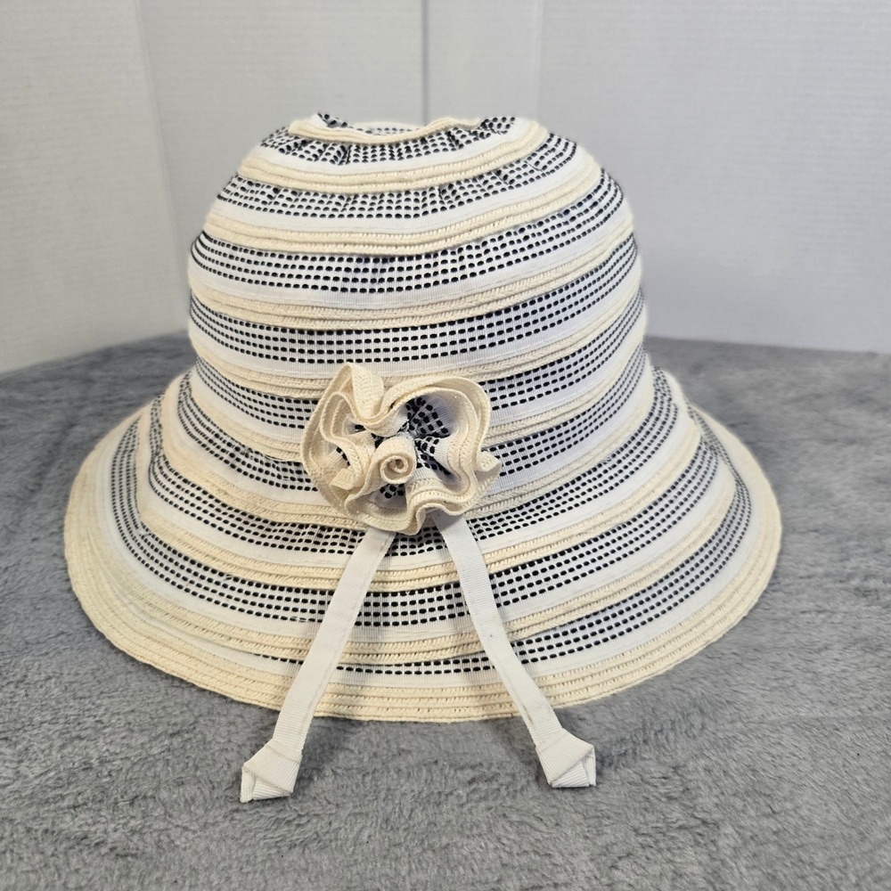 C.C Exclusives Women Ivory Black Striped Woven Sun Hat with Flower Accent